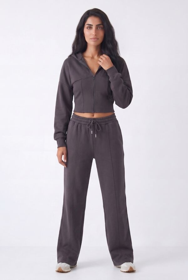 Slate Grey Ribbed Corset Fit Hoodie With Straight Leg Trouser