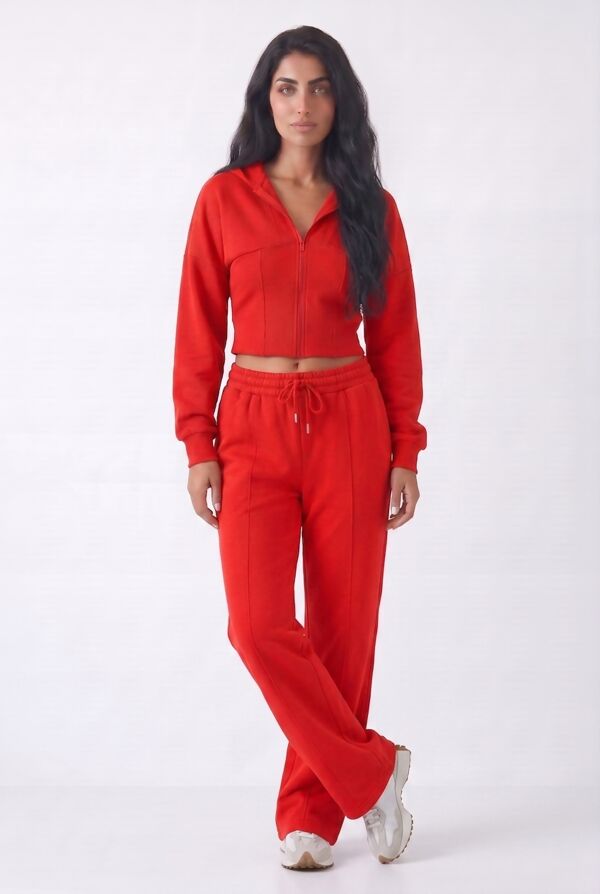 Red Ribbed Corset Fit Hoodie With Straight Leg Trouser