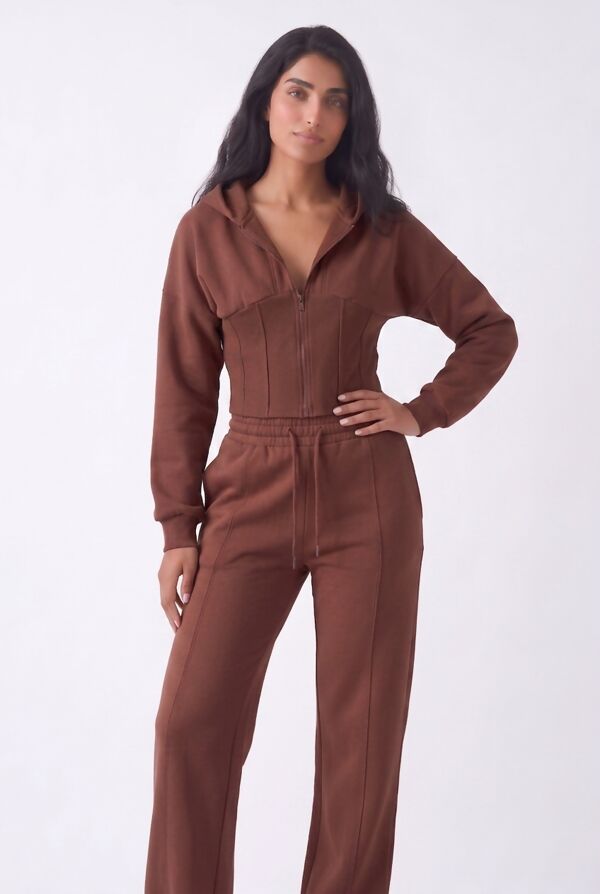 Brown Ribbed Corset Fit Hoodie With Straight Leg Trouser