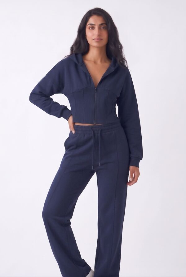 Navy Ribbed Corset Fit Hoodie With Straight Leg Trouser
