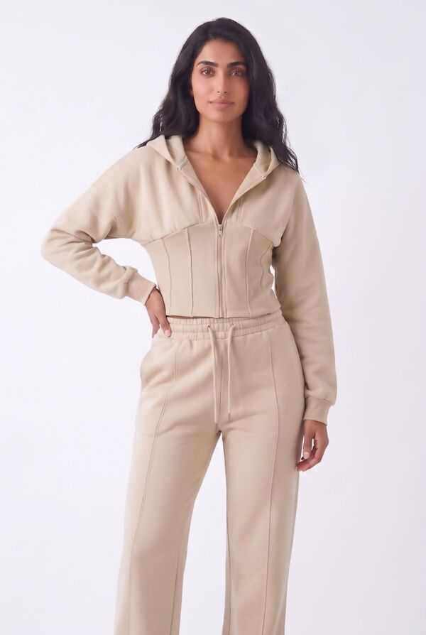 Oatmeal Ribbed Corset Fit Hoodie With Straight Leg Trouser