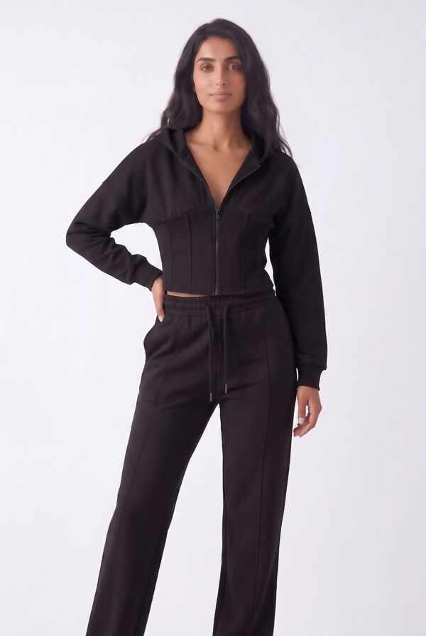 Black Ribbed Corset Fit Hoodie With Straight Leg Trouser