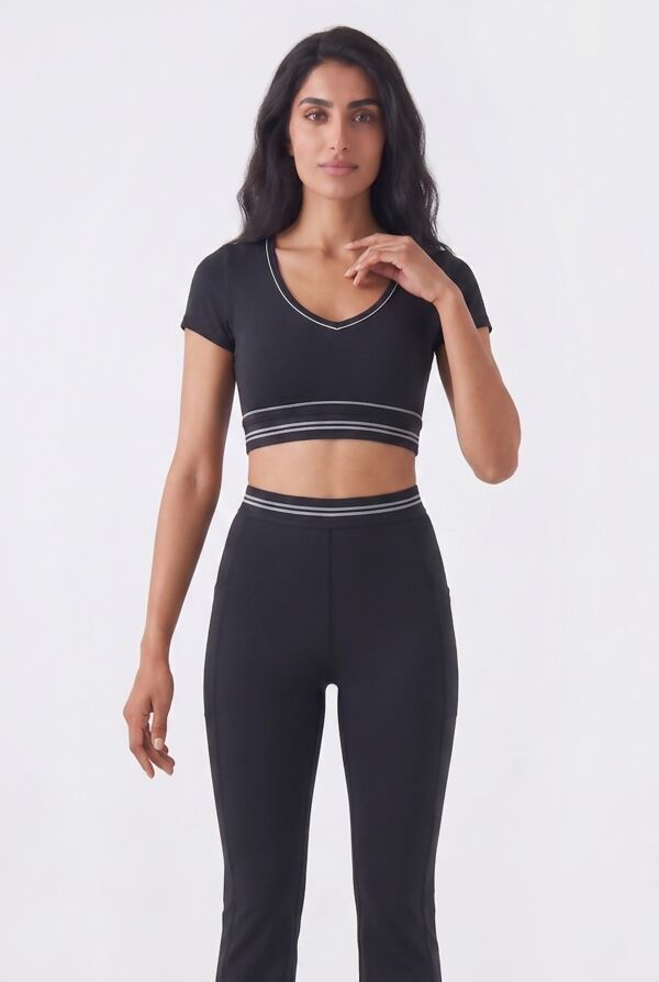 Black V Neck Crop Top With High Waist Flare Leggings