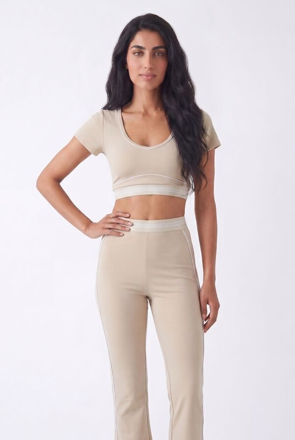 Beige V Neck Crop Top With High Waist Flare Leggings