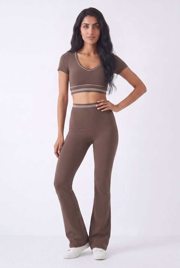 Brown V Neck Crop Top With High Waist Flare Leggings
