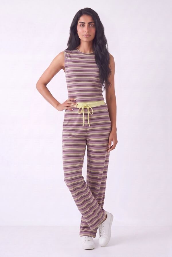Wine Contrast Sleeveless Striped Top  And Relaxed Trouser