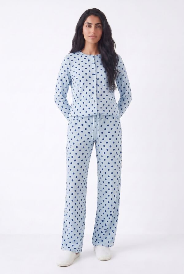 Blue Ribbed Polka Dot Molly Button Top And Wide Leg Trousers