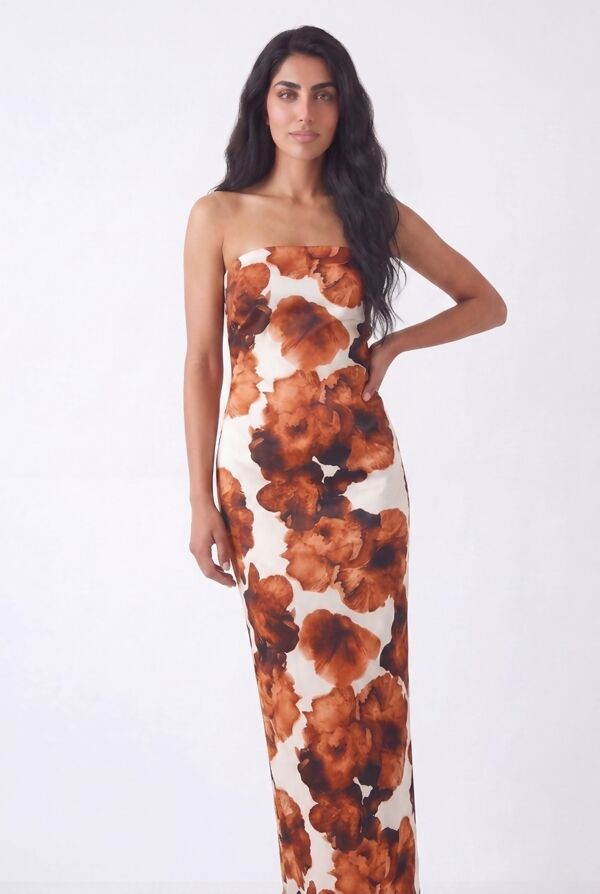 Rust Strapless Floral Bodycon Maxi Dress