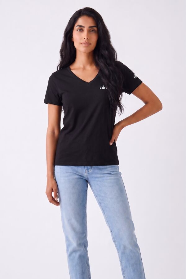Black V-Neck Short Sleeve Printed T-Shirt