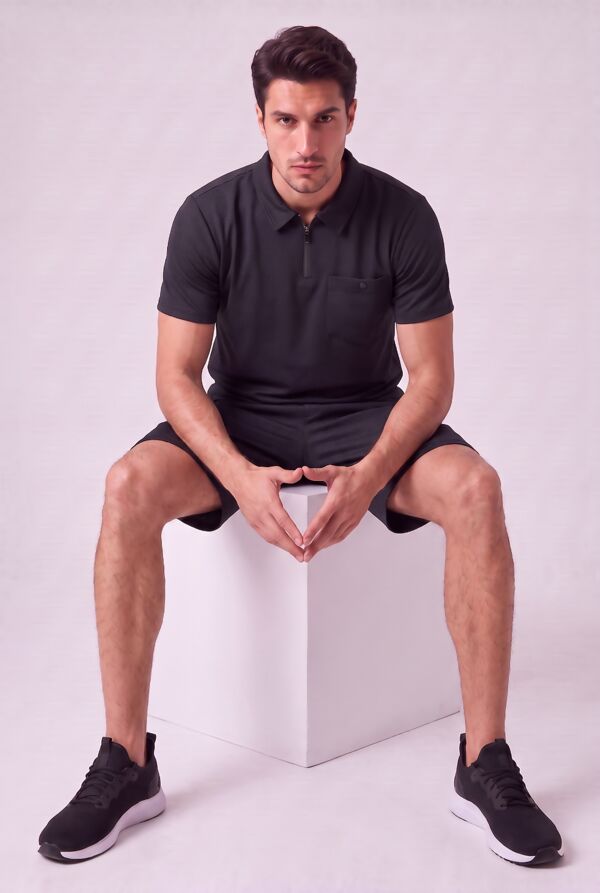 Black Waffle Pattern Polo Short Sleeve Shirt and Short Set
