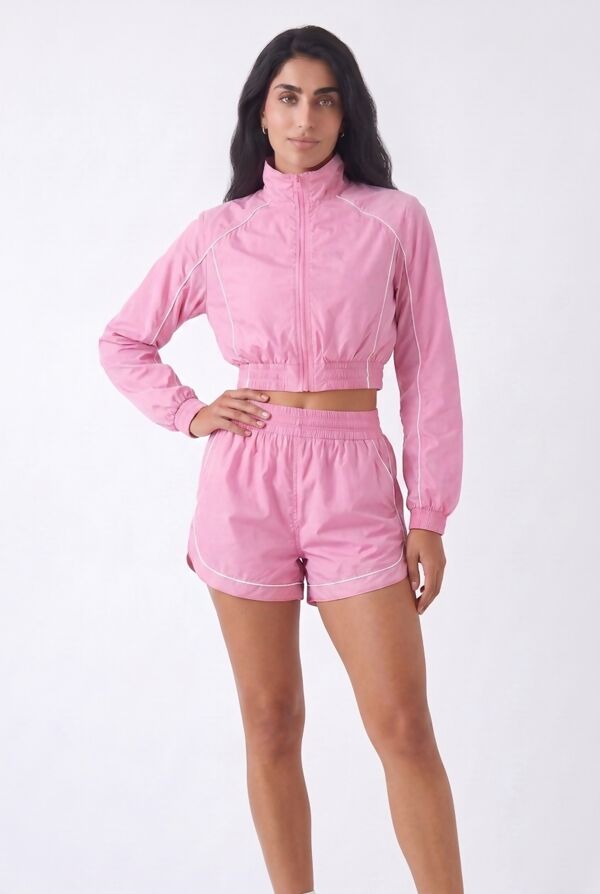 Pink Cropped Zip-Up Track Jacket And Running Shorts