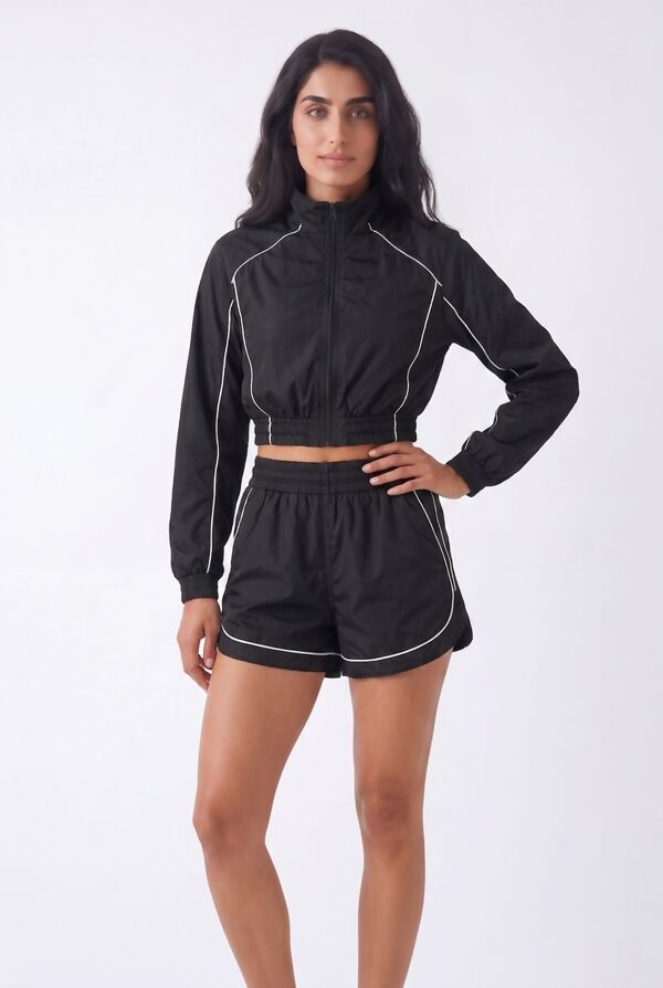 Black Cropped Zip-Up Track Jacket And Running Shorts