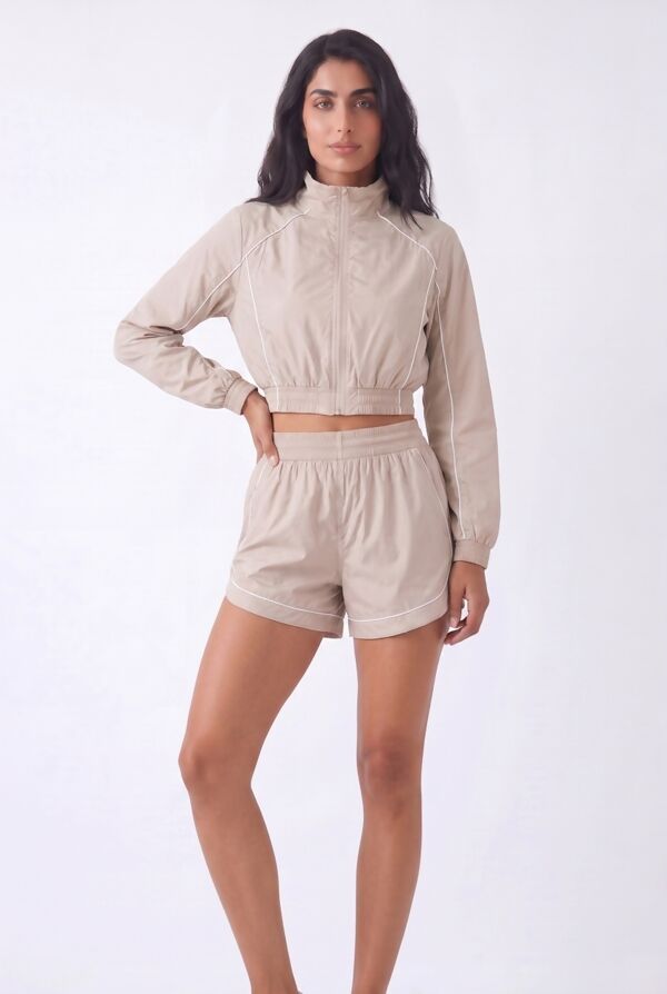 Beige Cropped Zip-Up Track Jacket And Running Shorts