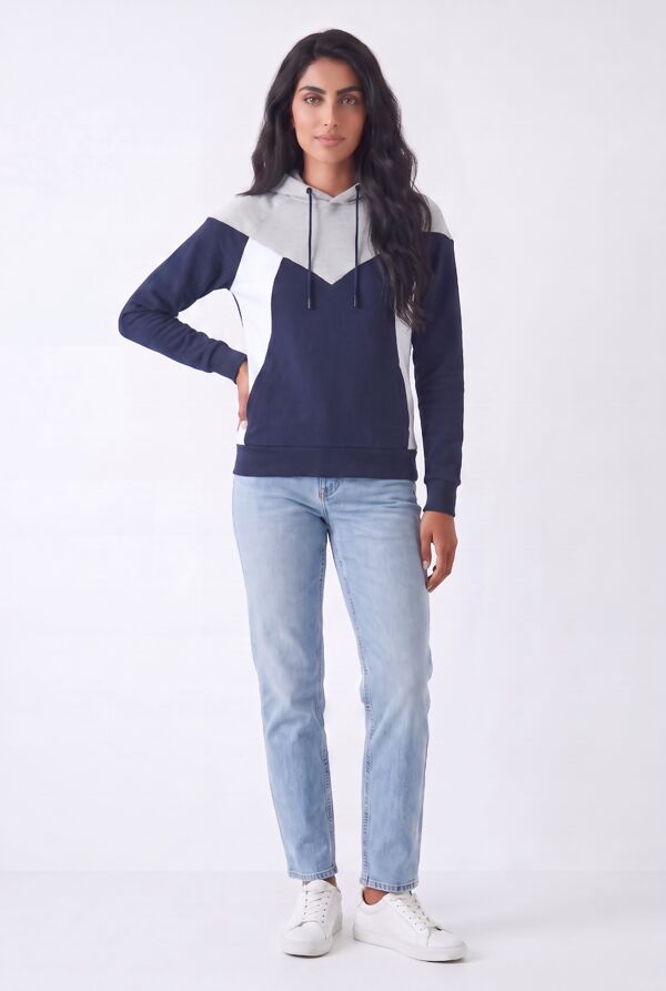 Grey Navy White Colour Block Casual Hoodie