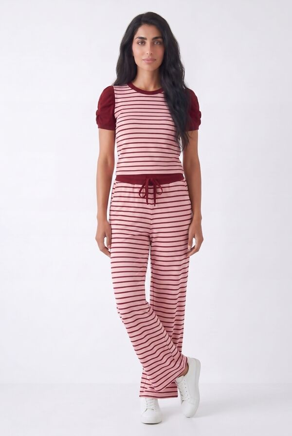 Ruched Short Sleeve Contrast Striped Top With Wide Leg Trouser