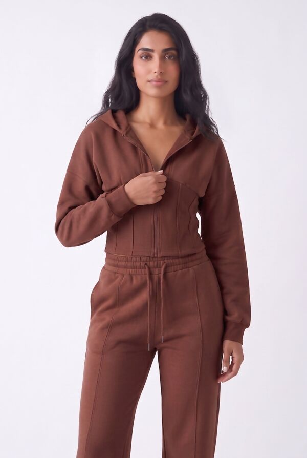 Brown Ribbed Corset Fit Hoodie With Straight Leg Trouser
