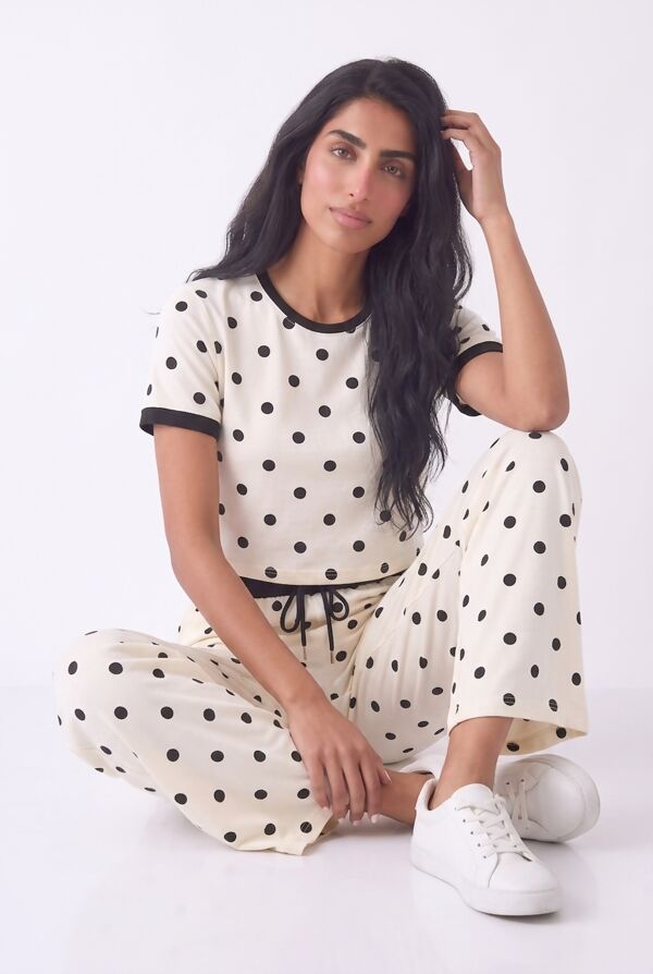 Contrast Waistband Polka Dot Trouser And Crop Top Co-Ord Set