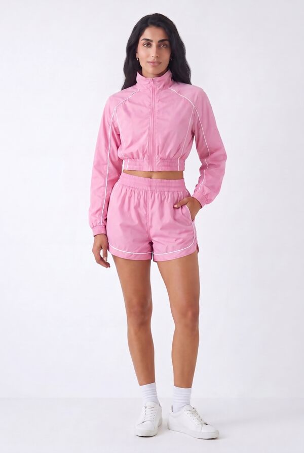 Pink Cropped Zip-Up Track Jacket And Running Shorts