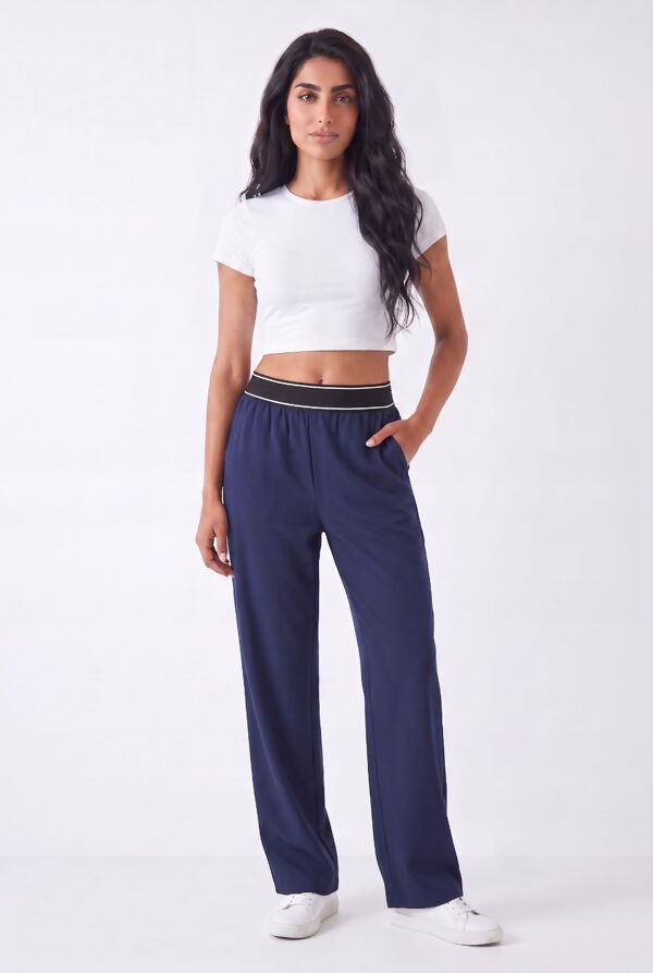 Navy Elasticated Banded Waist Relaxed Fit Wide Leg Pant