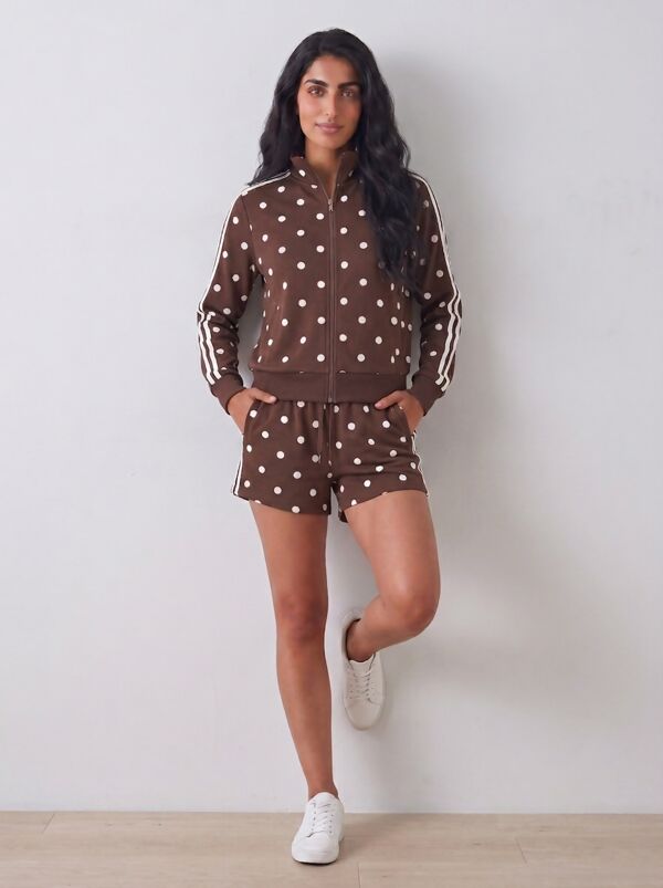 Chocolate Polka Dot 2 Stripe Zipped Sweatshirt With Short Set