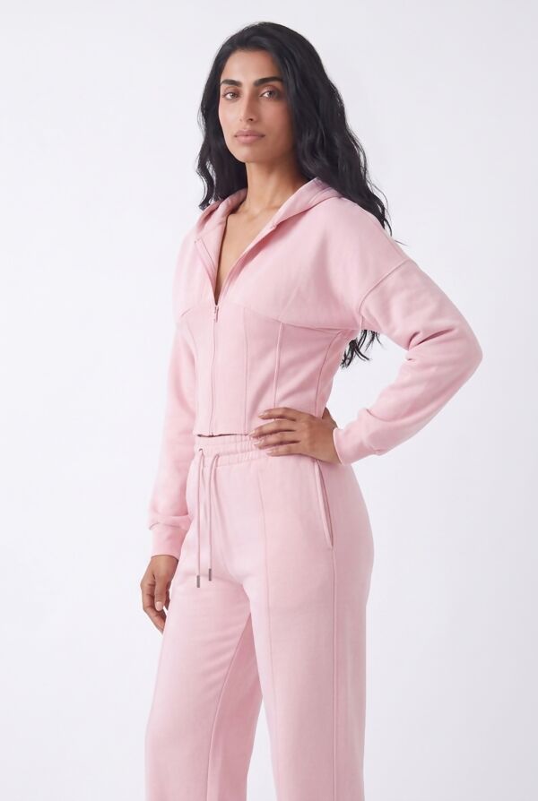 Pink Ribbed Corset Fit Hoodie With Straight Leg Trouser
