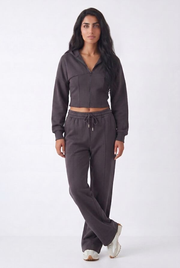 Slate Grey Ribbed Corset Fit Hoodie With Straight Leg Trouser
