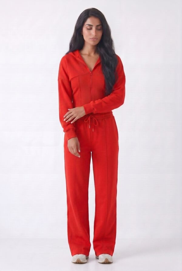 Red Ribbed Corset Fit Hoodie With Straight Leg Trouser