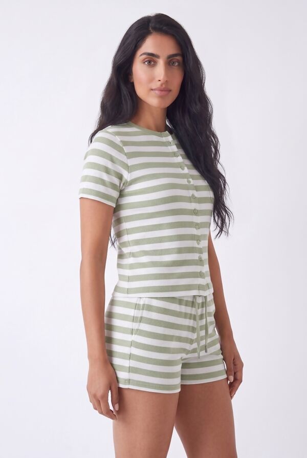 Sage Green With White Striped Button Front Crop Top With Shorts Set