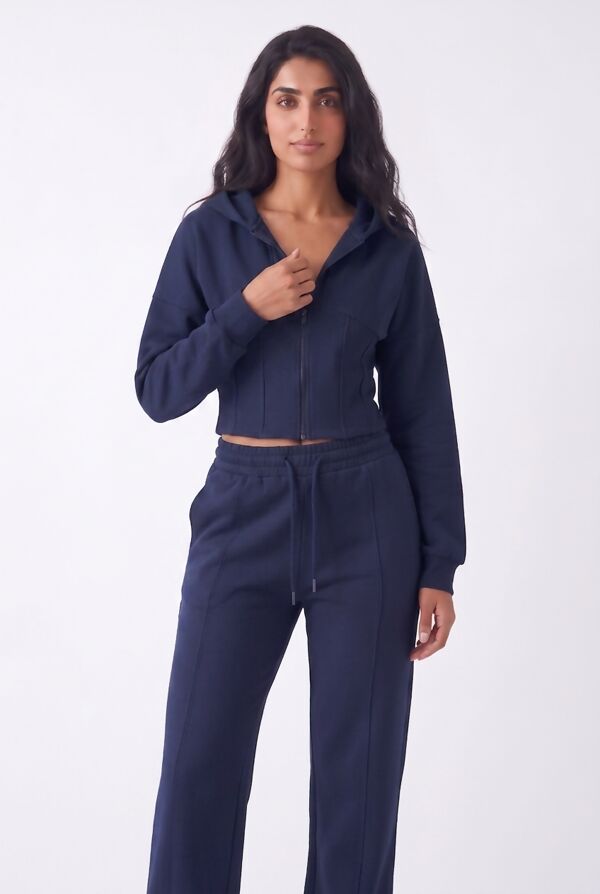 Navy Ribbed Corset Fit Hoodie With Straight Leg Trouser