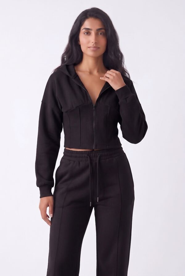 Black Ribbed Corset Fit Hoodie With Straight Leg Trouser