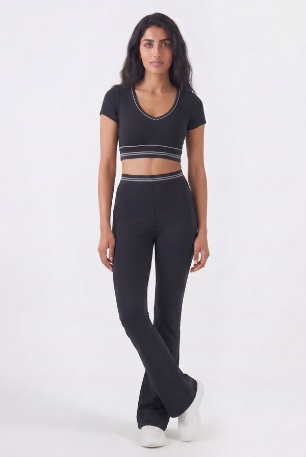 Black V Neck Crop Top With High Waist Flare Leggings