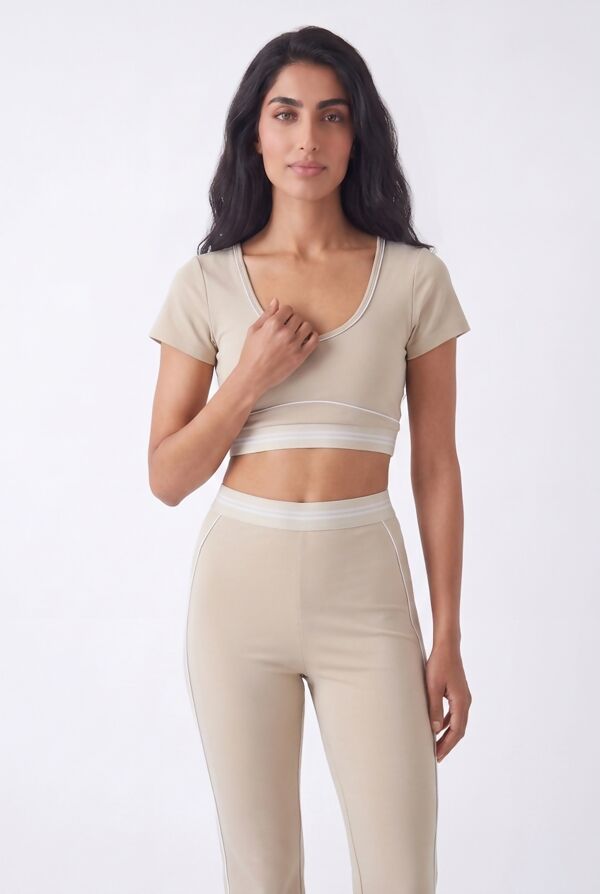 Beige V Neck Crop Top With High Waist Flare Leggings