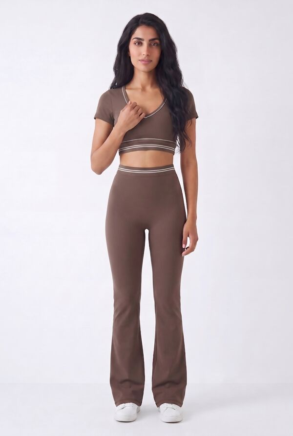 Brown V Neck Crop Top With High Waist Flare Leggings