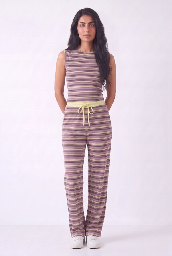 Wine Contrast Sleeveless Striped Top  And Relaxed Trouser