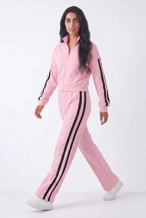Pink Interlock 2 Stripe Sweatshirt With Wide Leg Trouser
