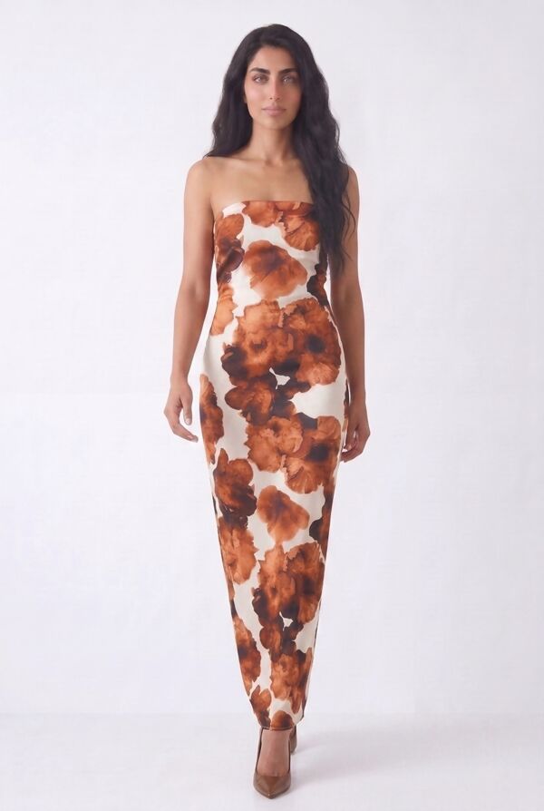 Rust Strapless Floral Bodycon Maxi Dress