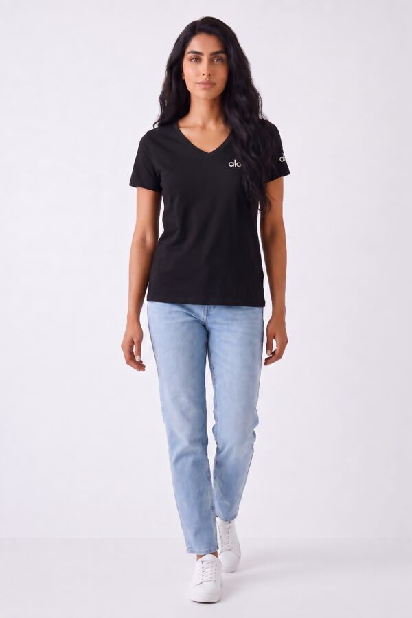 Black V-Neck Short Sleeve Printed T-Shirt