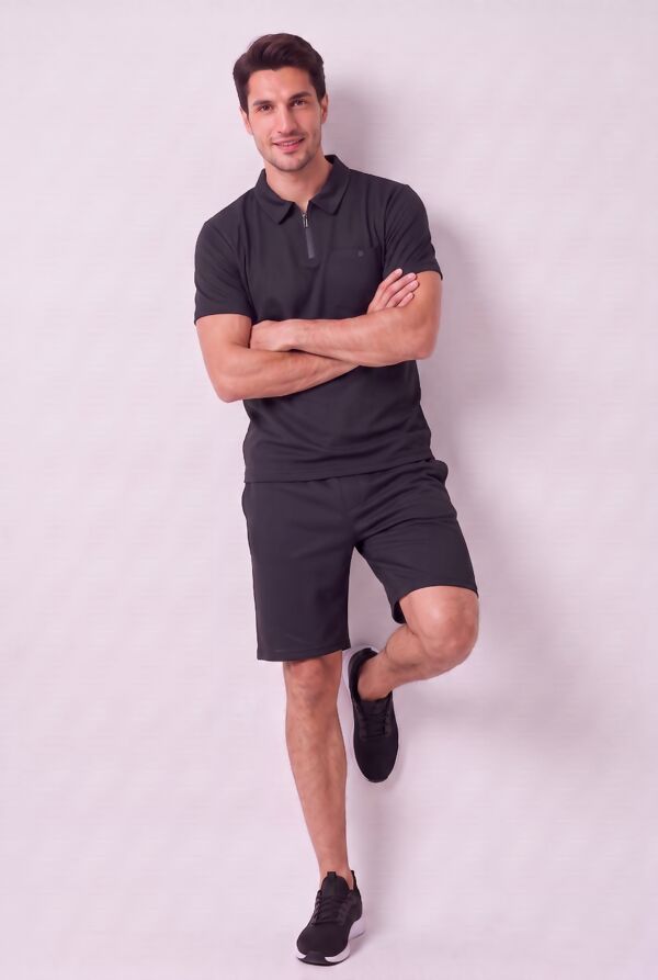 Black Waffle Pattern Polo Short Sleeve Shirt and Short Set