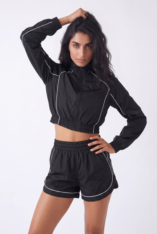 Black Cropped Zip-Up Track Jacket And Running Shorts