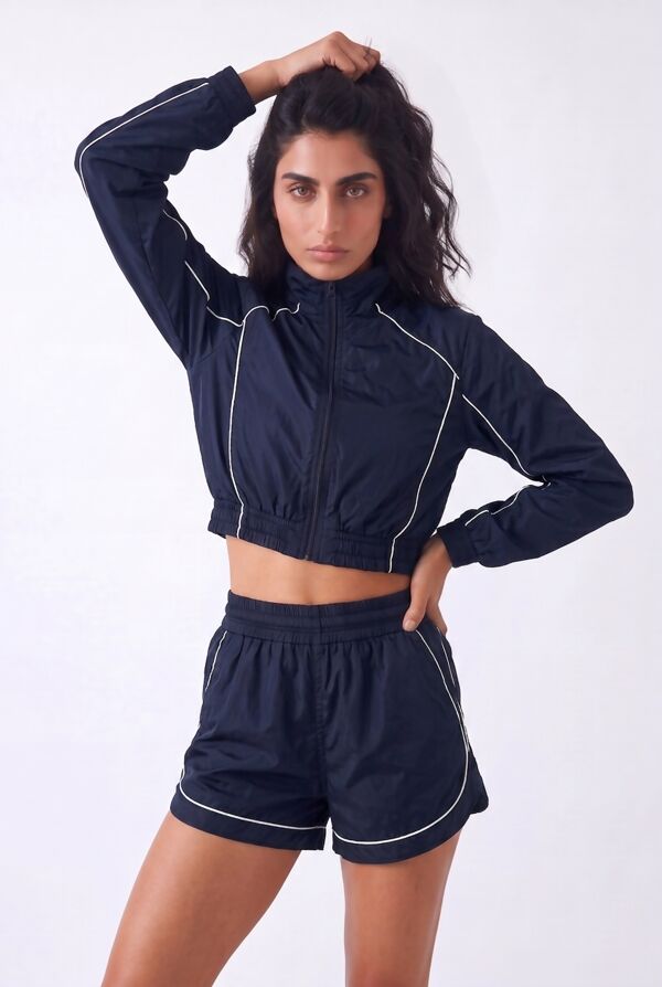 Navy Cropped Zip-Up Track Jacket And Running Shorts