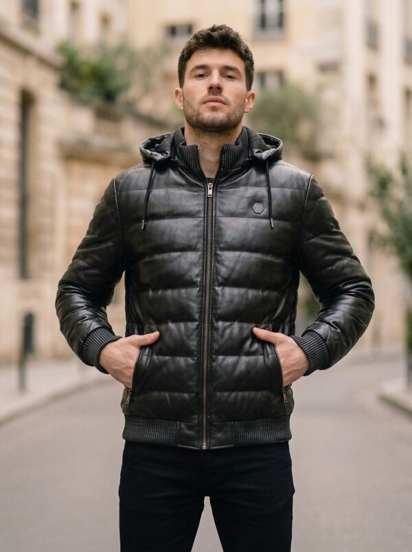 Black Pu Bubble Jacket With Detachable Hood