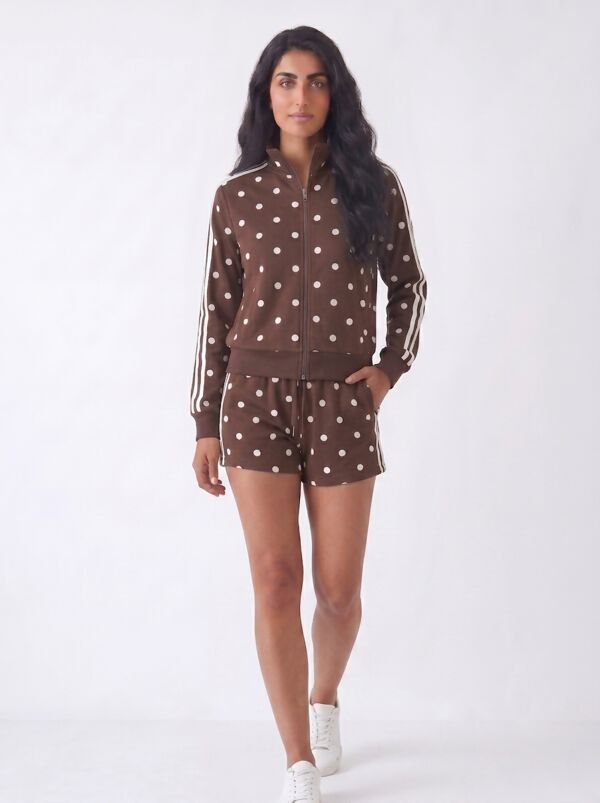 Chocolate Polka Dot 2 Stripe Zipped Sweatshirt With Short Set
