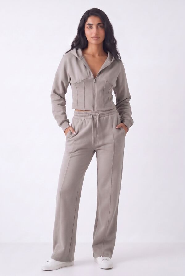 Dove Grey Ribbed Corset Fit Hoodie With Straight Leg Trouser