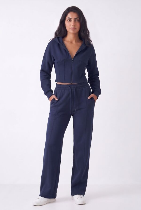 Navy Ribbed Corset Fit Hoodie With Straight Leg Trouser