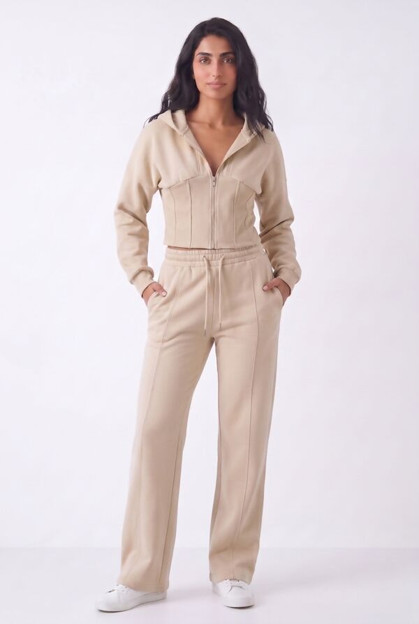Oatmeal Ribbed Corset Fit Hoodie With Straight Leg Trouser