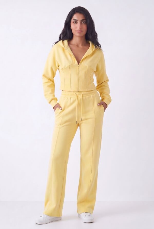 Yellow Ribbed Corset Fit Hoodie With Straight Leg Trouser