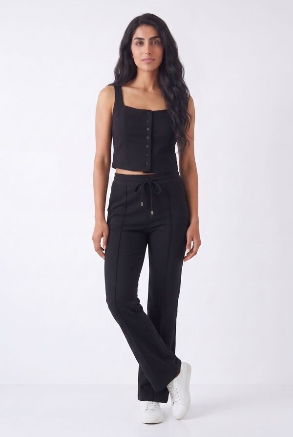 Black Interlock Molly Button Tank Top With Flare Trouser