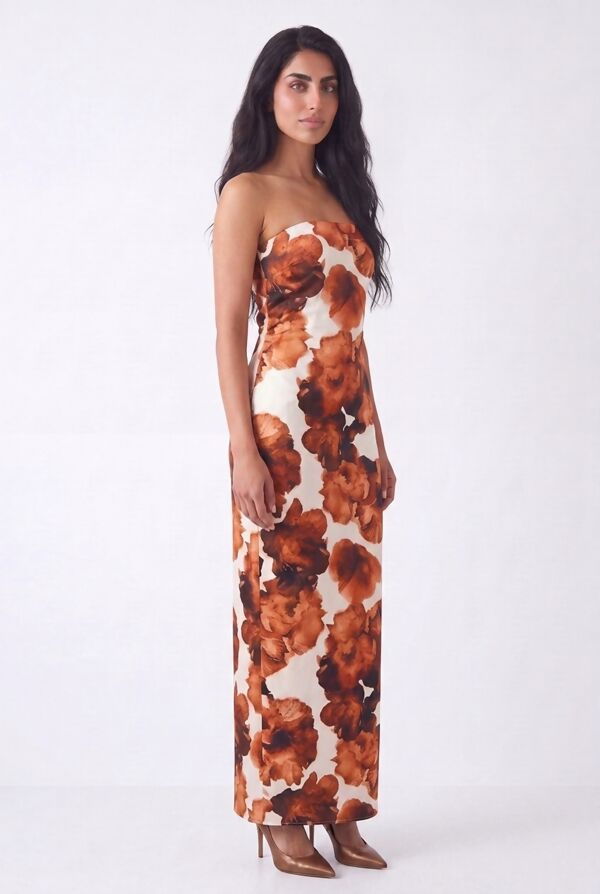 Rust Strapless Floral Bodycon Maxi Dress