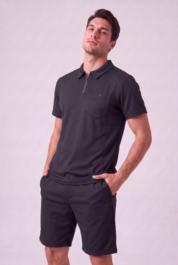 Black Waffle Pattern Polo Short Sleeve Shirt and Short Set