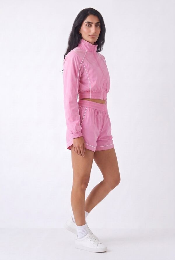 Pink Cropped Zip-Up Track Jacket And Running Shorts